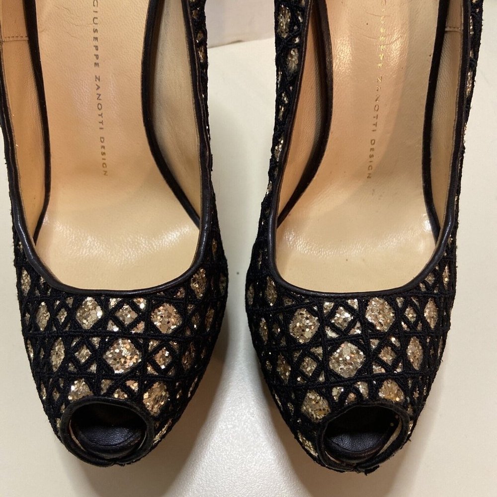 Giuseppe Zanotti Black and Gold Leather Peep Toe Platform Pumps Size 40.5 - Picture 7 of 9